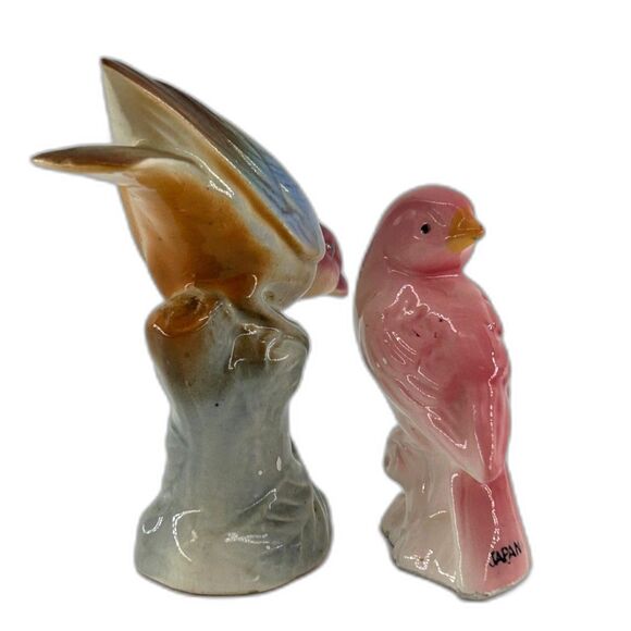 Vintage Porcelain Blue 5" H x 5"D x 1 1/2" W  Pink Bird 2 1/4"x 3 1/4"x 1 1/2" W - Picture 3 of 6